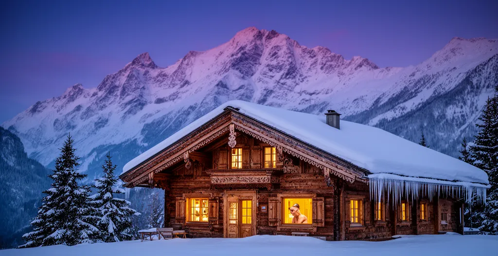 Traditional wooden alpine chalet with snow-covered roof and warm light glowing through windows at dusk