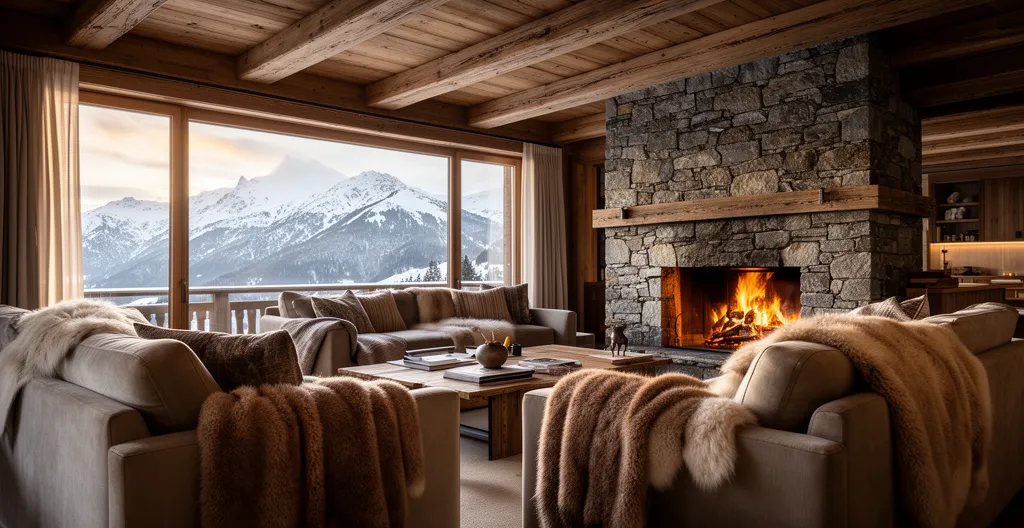 Spacious alpine living room with stone fireplace and mountain view through window