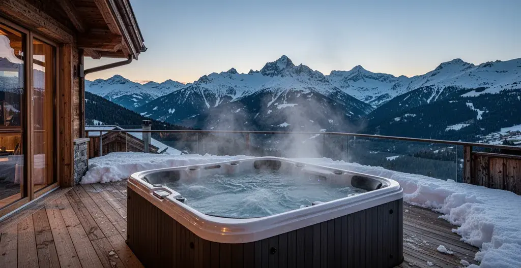 Outdoor hot tub on luxury chalet terrace with panoramic Alpine views at dusk