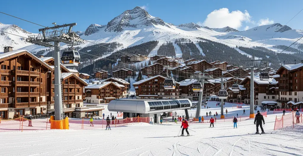 Courchevel village scene with gondola station and ski infrastructure against mountain backdrop
