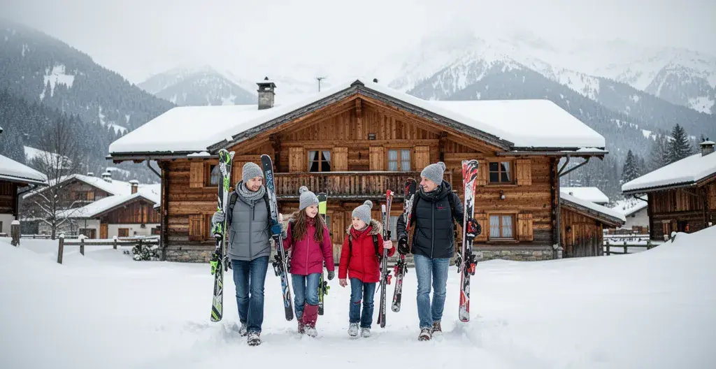 European family arriving at traditional Courchevel chalet with ski equipment in winter
