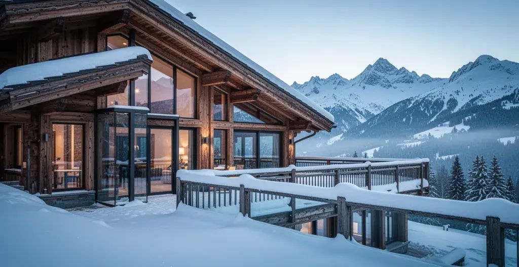 Luxury wooden chalet exterior with snow-covered mountains in Courchevel ski resort