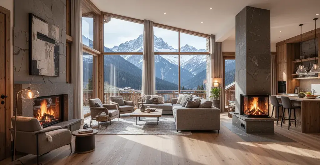 Spacious luxury apartment living area with contemporary alpine decor and mountain views through large windows