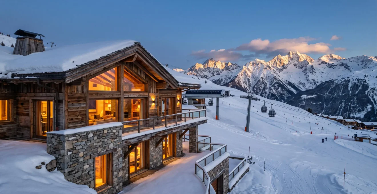Contemporary luxury chalet in Courchevel with illuminated interior visible through large windows, snow-covered balconies, mountain slopes and ski lifts in background at dusk