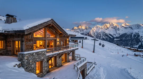 Contemporary luxury chalet in Courchevel with illuminated interior visible through large windows, snow-covered balconies, mountain slopes and ski lifts in background at dusk
