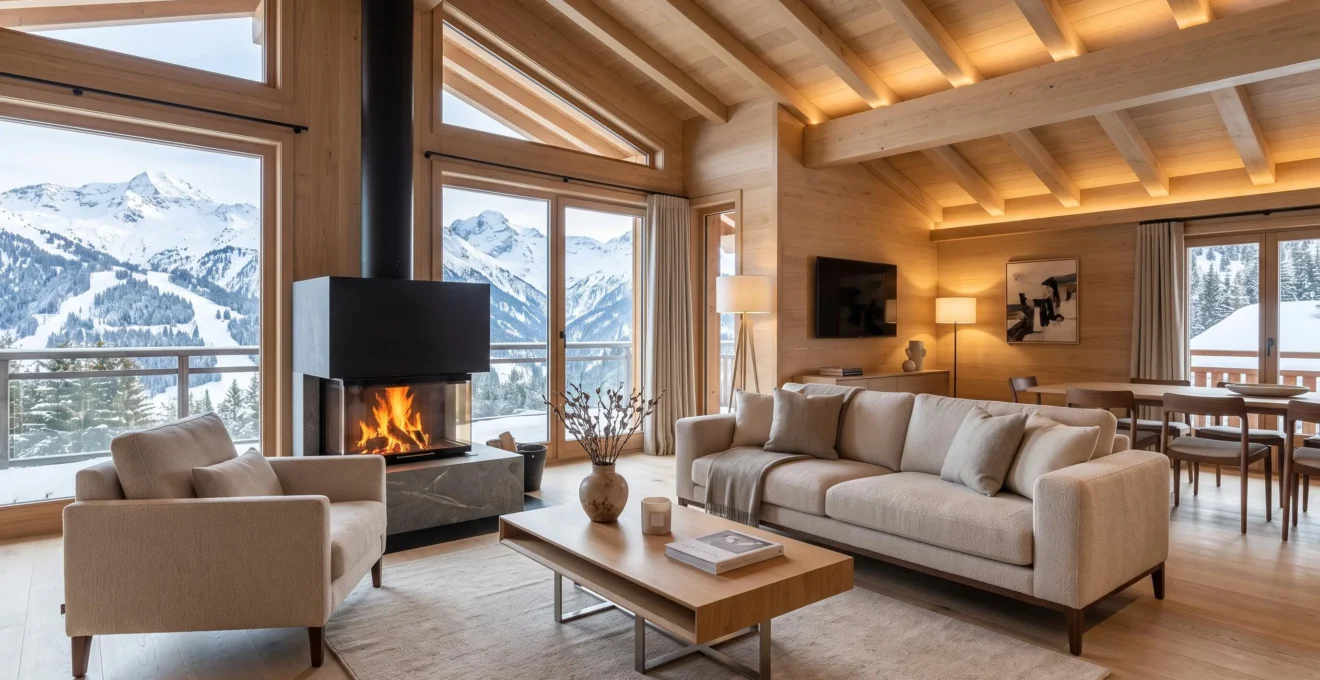 Modern luxury chalet living room in Courchevel with contemporary furnishings, active fireplace, and floor-to-ceiling windows overlooking snowy mountain peaks