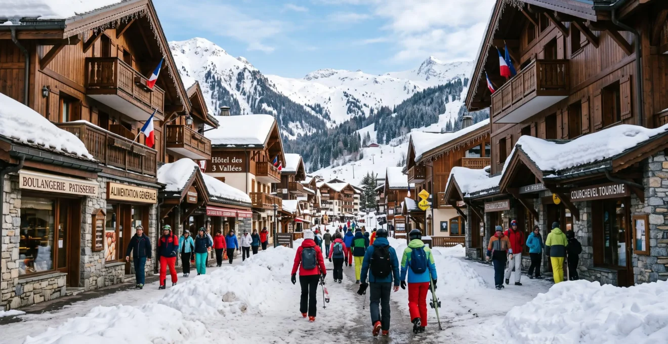 Pedestrians walking through Courchevel village centre with alpine chalet-style shops, French signage, and snow-covered mountain slopes in background under blue sky