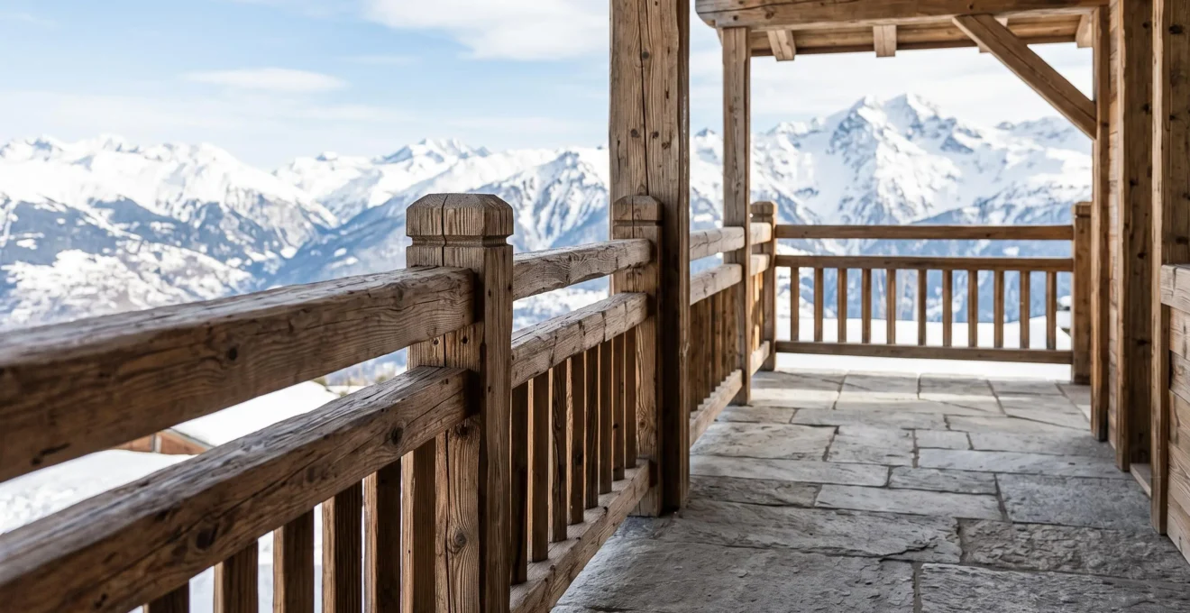 Close-up of luxury chalet terrace in Courchevel showing aged timber railings and stone flooring with panoramic snow-covered mountain views