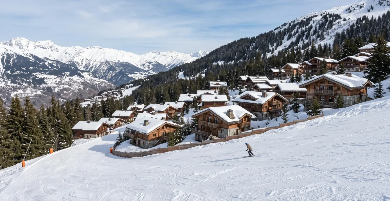 View of ski piste in Courchevel 1850 showing proximity between groomed slope and exclusive chalet residential zone with skiers demonstrating access