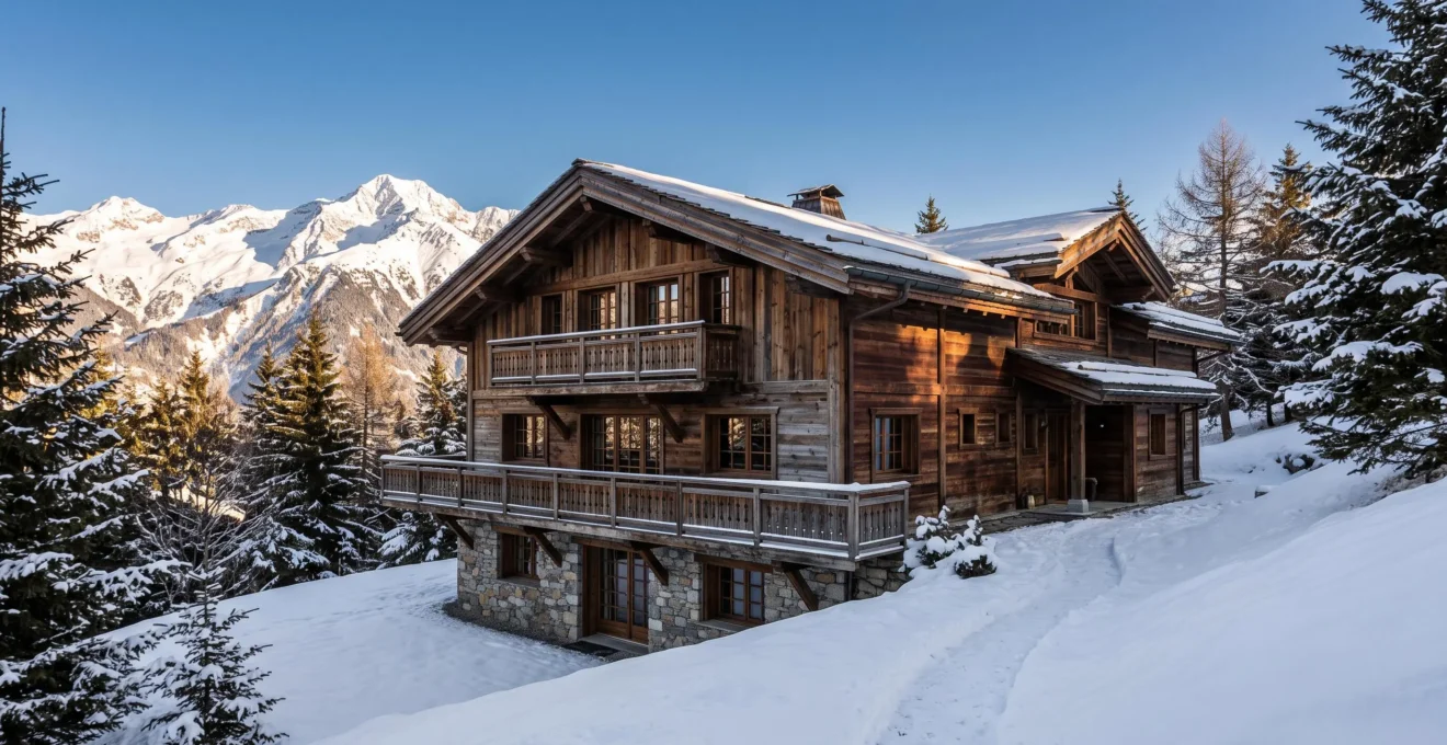 Luxury traditional Alpine chalet with dark timber and stone construction on a snowy slope in Courchevel 1850 with mountain peaks in background