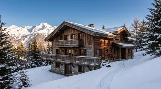 Luxury traditional Alpine chalet with dark timber and stone construction on a snowy slope in Courchevel 1850 with mountain peaks in background