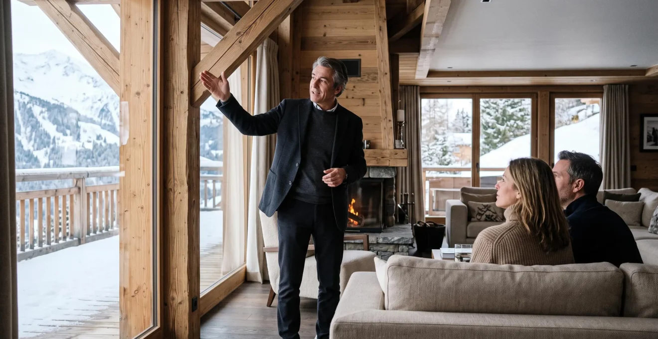 Real estate consultant explaining property features to clients during luxury chalet viewing in Courchevel with mountain views through windows
