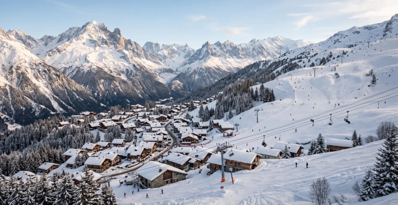 Vue panoramique d'un village de station de ski alpine française sous la neige, avec des chalets, des pistes enneigées et une forêt de sapins.