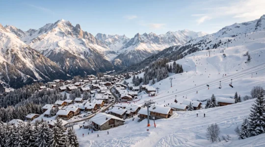 Vue panoramique d'un village de station de ski alpine française sous la neige, avec des chalets, des pistes enneigées et une forêt de sapins.