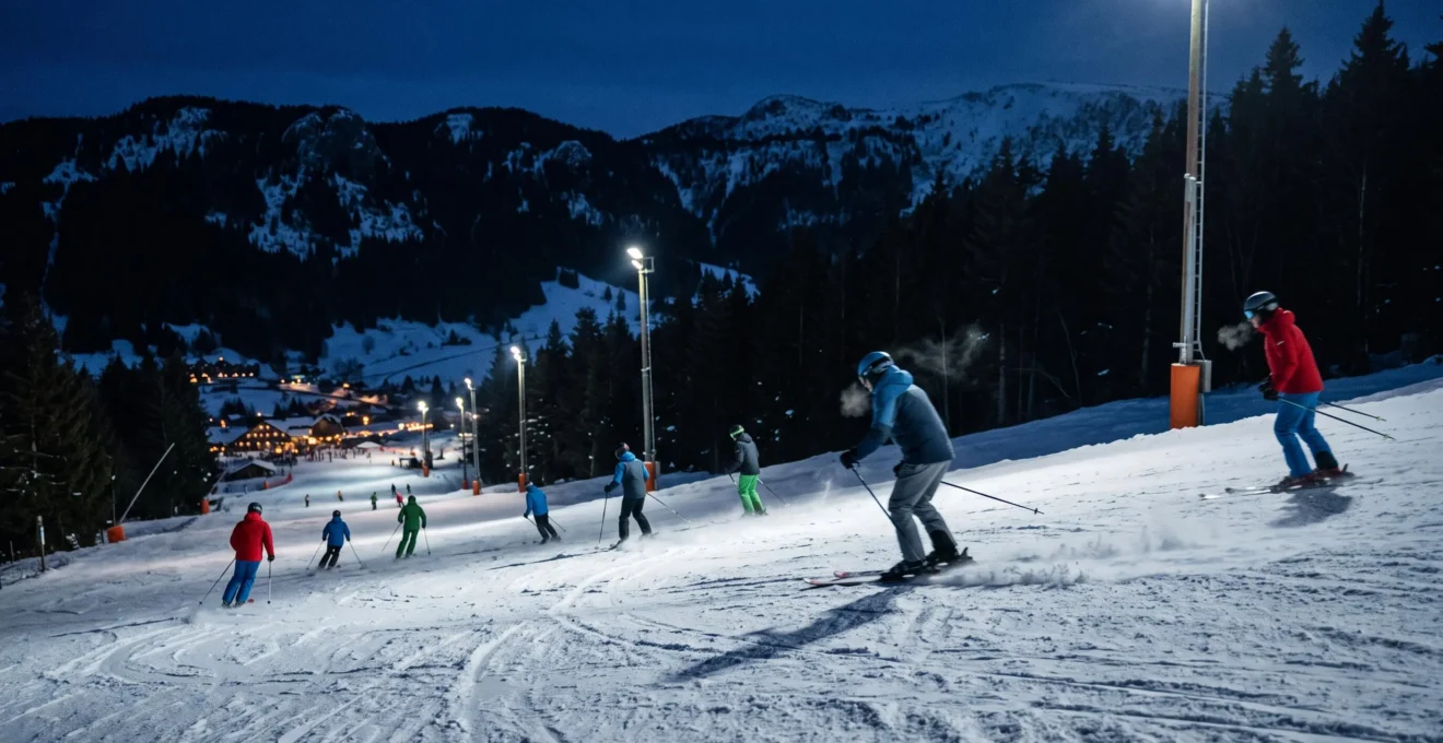 Des skieurs descendent une piste éclairée par des projecteurs après le coucher du soleil dans une station de ski.