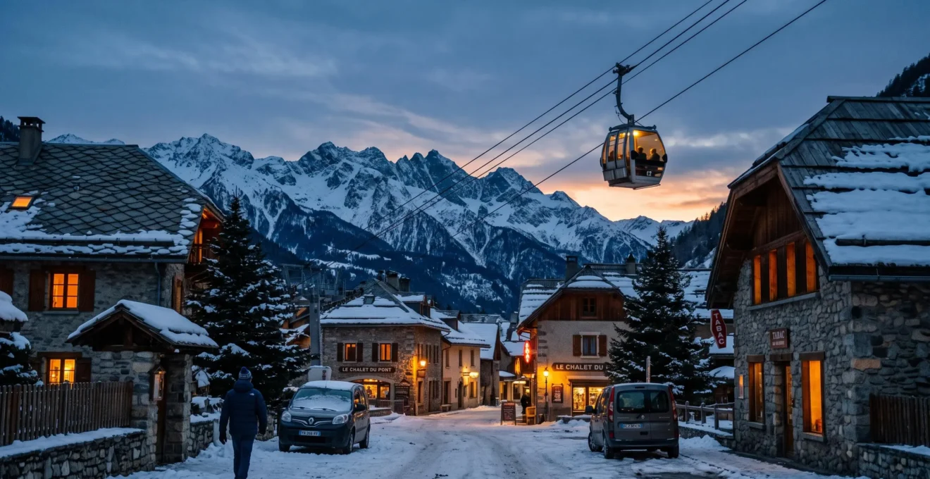 Une télécabine s'élève au-dessus d'un village thermal alpin au crépuscule, vers les montagnes enneigées environnantes.