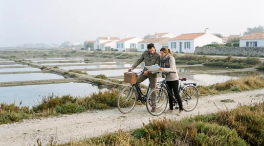 A couple with bicycles studies a paper map on a salt marsh path.