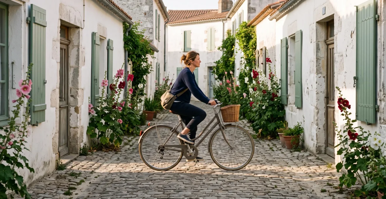 A cyclist rides through a whitewashed village street with green shutters.