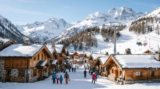 A French Alpine ski village in winter with stone chalets, a chairlift rising toward groomed slopes and skiers descending on a sunny weekend morning.
