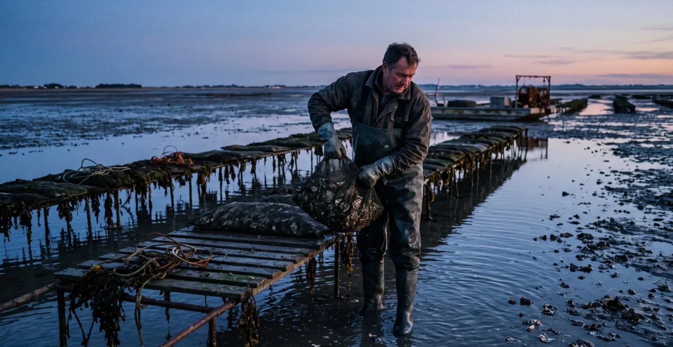 An oyster farmer lifts a mesh bag beside wooden tables at dusk.