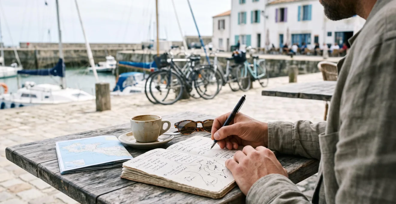 A traveler writes a trip plan in a notebook at a harbor café.